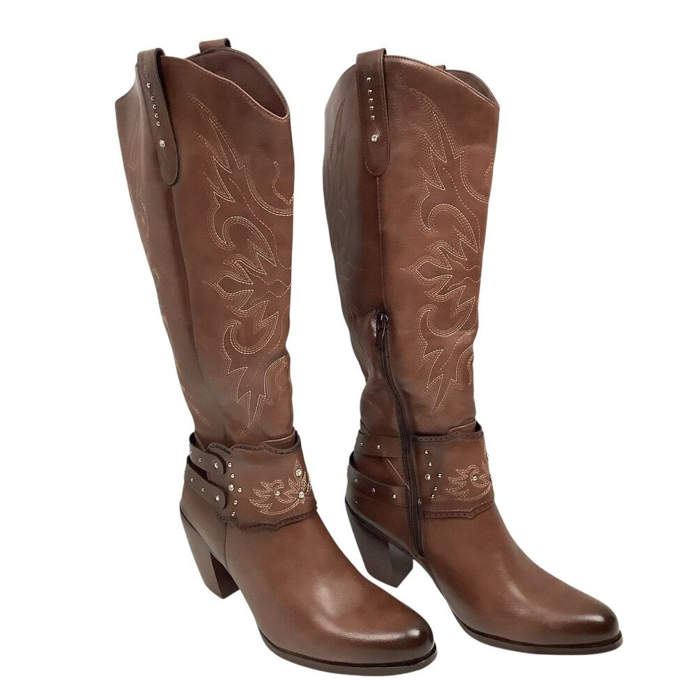 Rollda Women 8.5 Cowboy Cowgirl Boots Embroidered Knee-High Western Brown Heel